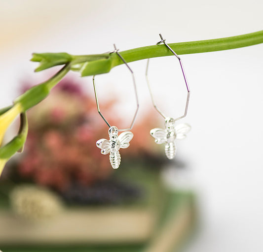 Silver Hexagon Bee Hoop Earrings