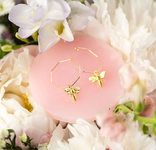 Gold Hexagon Bee Hoop Earrings