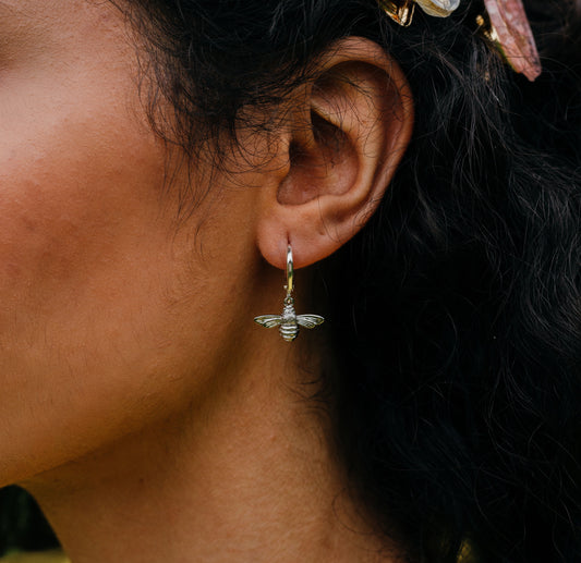 Silver Bumble Bee Hoop Earrings