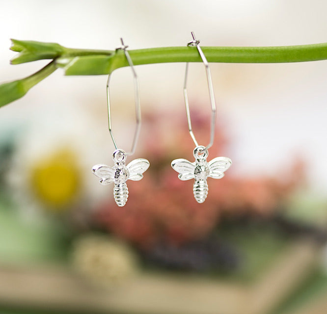 Silver Hexagon Bee Hoop Earrings