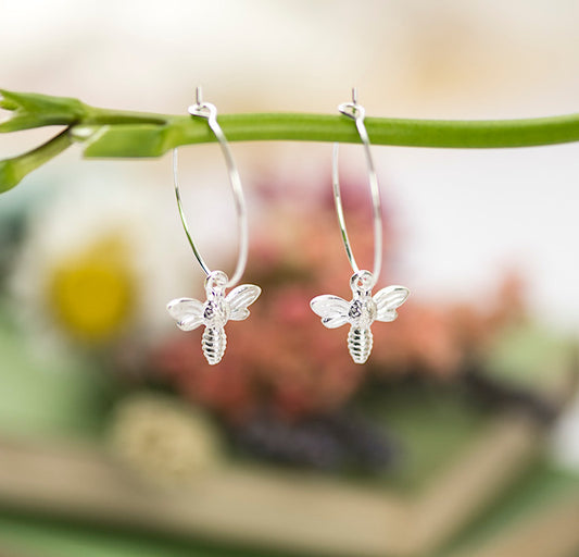 Silver Bee Hoop Earrings