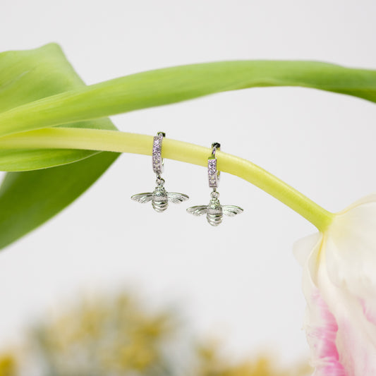 Glitzy Silver Bumble Bee Hoop Earrings