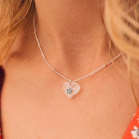 Silver Heart Forget Me Not Necklace